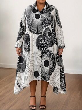 Step In Style 2X Geometric Abstract High-Low Maxi Shirt Dress Cotton Pockets Vtg